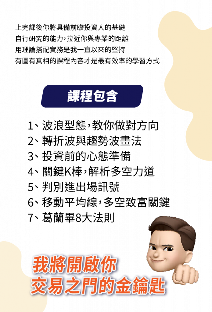 波浪型態方向、轉折波與趨勢波的畫法、投資前的心態準備、關鍵K棒解析多空力道、判別進出場訊號、移動平均線、葛蘭畢八大法則