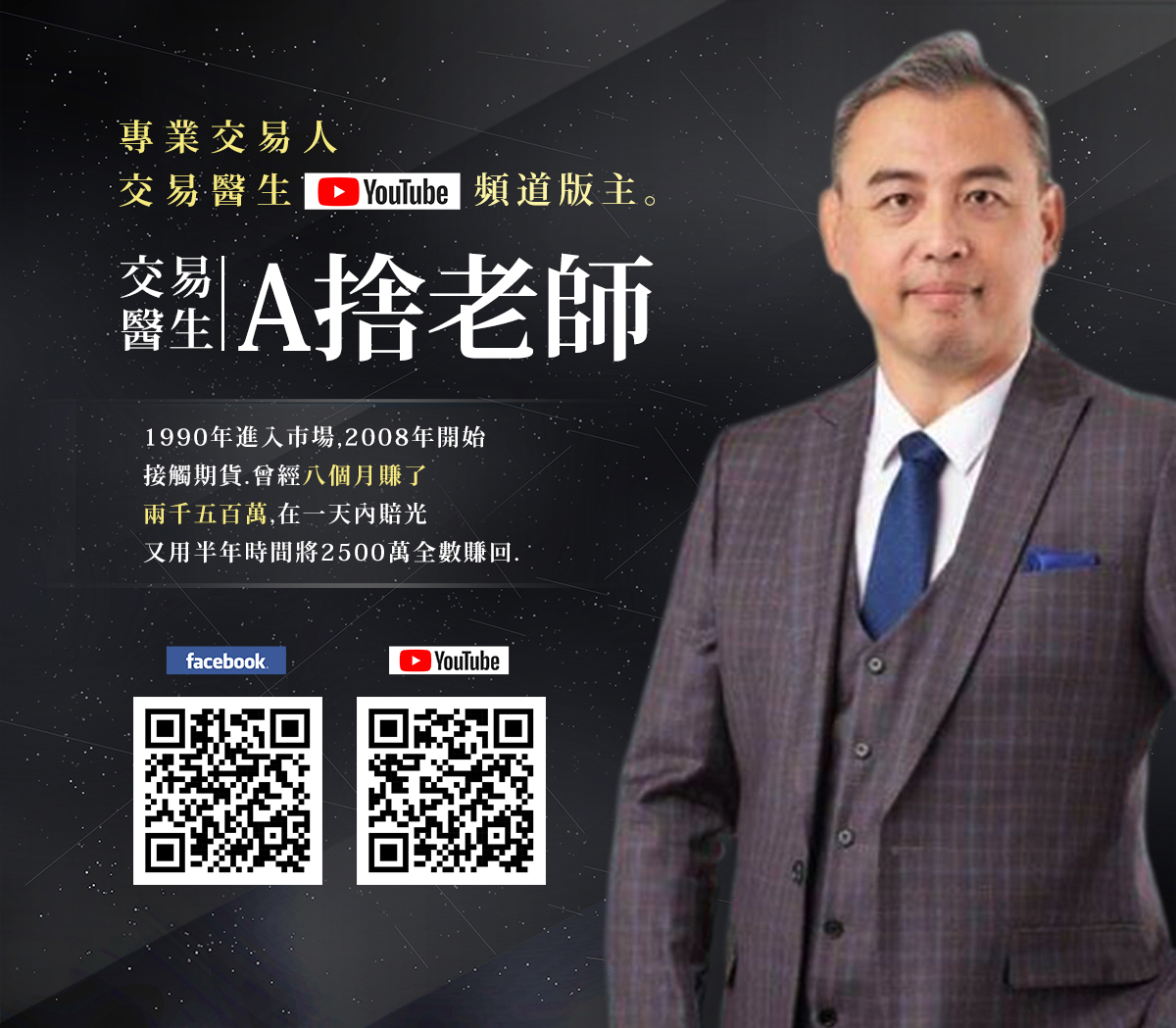 專業交易人，交易醫生YouTube頻道版主。1990年進入市場，2008年開始接觸期貨。曾經八個月賺了兩千五百萬，在一天內賠光，又用半年時間將2500萬全數賺回。